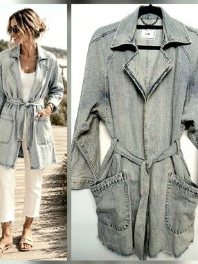 BELLE & BLOOM Denim BELTED Duster Jacket Cotton RAW HEM Boho Women's Size L/XL